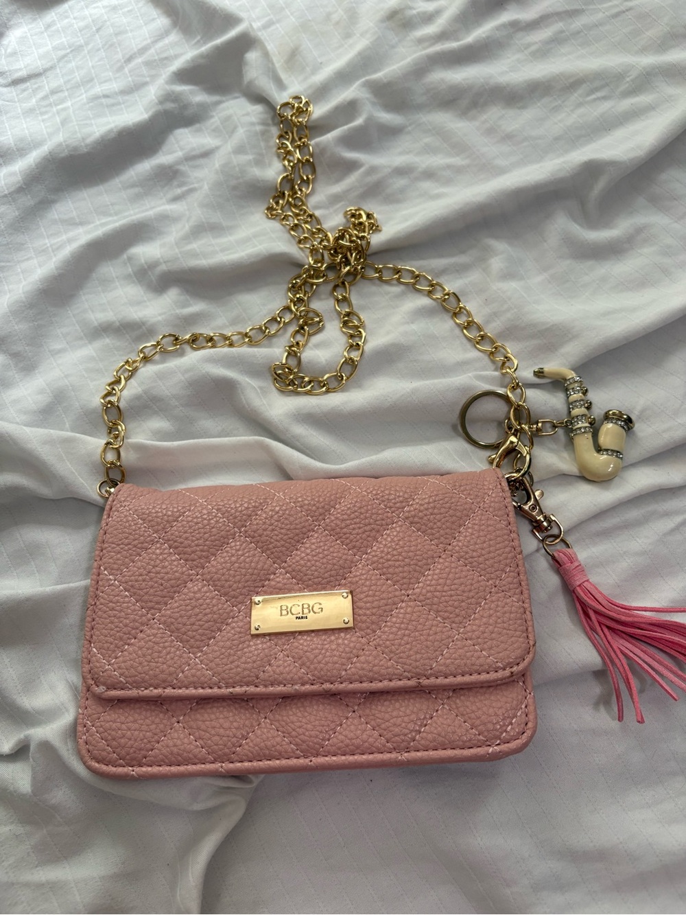 BCBG Blush Pink Quilted Crossbody with Gold Chain